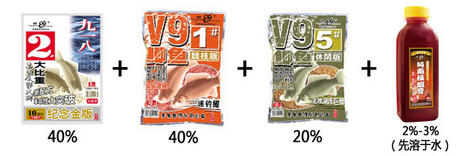 养殖池钓鲫鱼（搓饵） 金版九一八40%+V91#40%+V95#20%（添加南极鲜虾膏2%-3%）